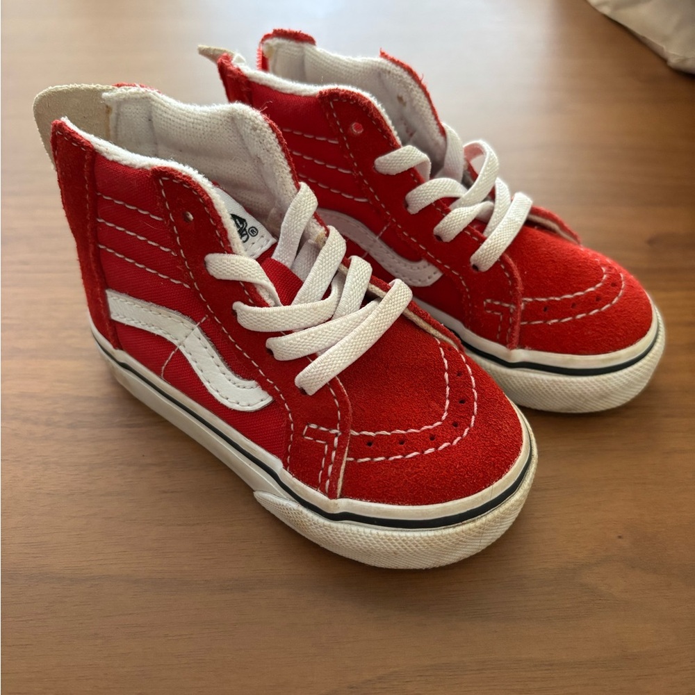 Vans Red and White High-Top Sneakers